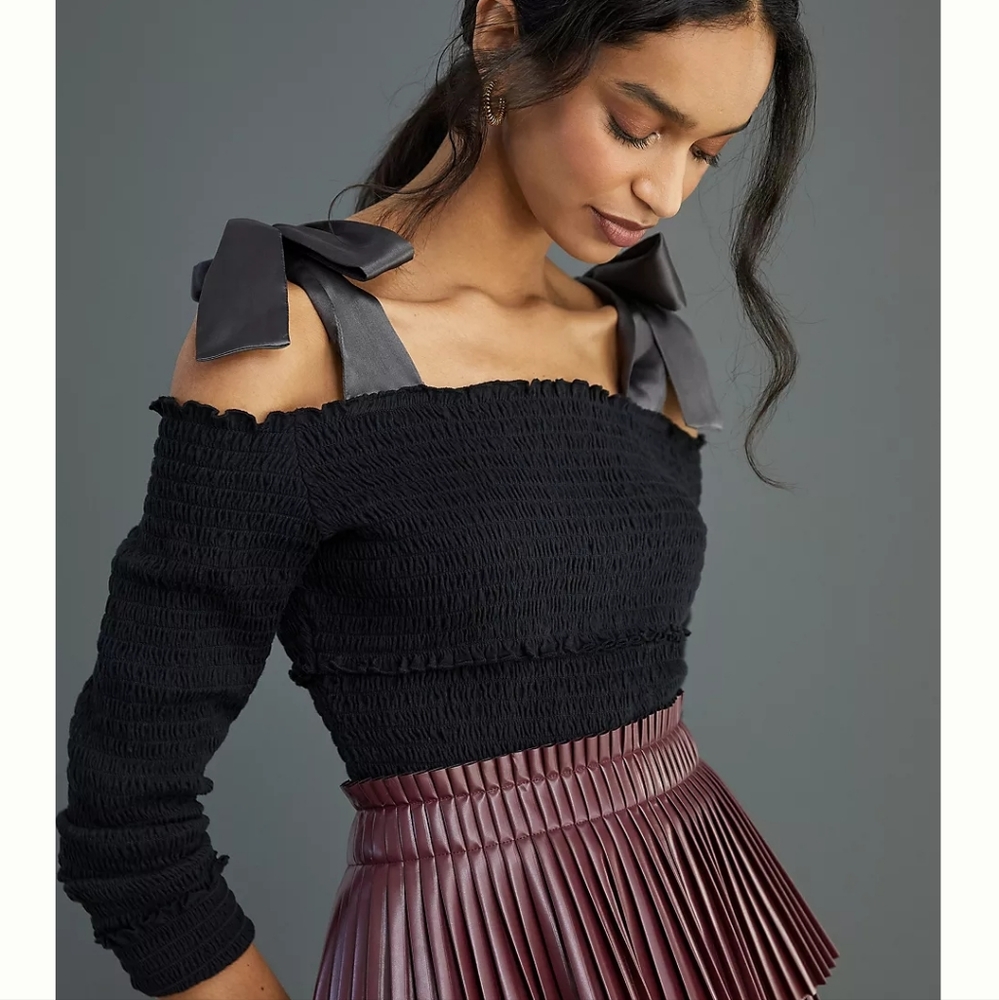 Anthropologie Black Smocked Top with Gray Bow Straps